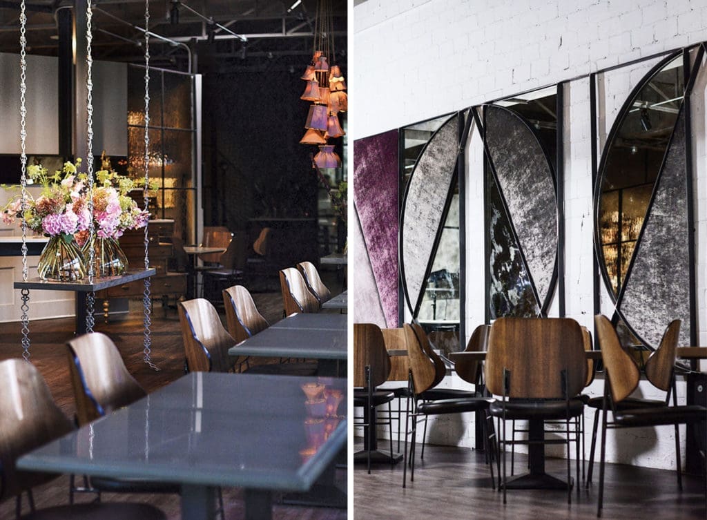 In the restaurant, a shelf suspended by ornate wrought-iron chains showcases Grange Hall’s exquisite flower creations; The restaurant’s massive wall art was designed by Jeffrey Lee and rendered in wrought iron, with removable panels covered in mauve and gray velvet. Custom walnut chairs.