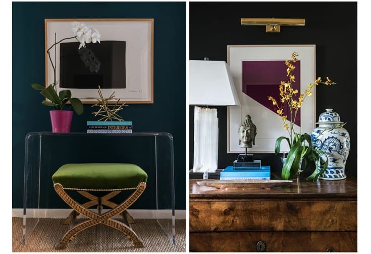 Left: table from CB2, gold sculpture from Global Views, antique gold gilt bench from Round Top covered in Kravet velvet, artwork: Richard Serra through John Szoke Editions. Right: chest - 19th C. Empire commode purchased in Round Top, Selenite lamp through Jan Showers and artwork by Ellsworth Kelly through Gemini Gel. Art light from Circa Lighting and wallcolor paint: Sherwin Williams Tricorn Black.
