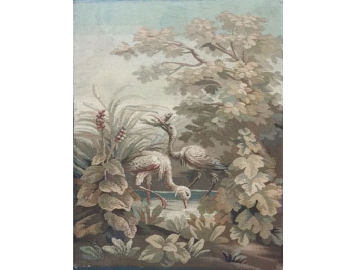 Maybe it's because I'm still in love with John Alexander's egret painting at McClain Gallery's opening two nights ago, but I loved this Aubusson fragment framed, circa 1780-1800, at  Made in France (Houston). 
