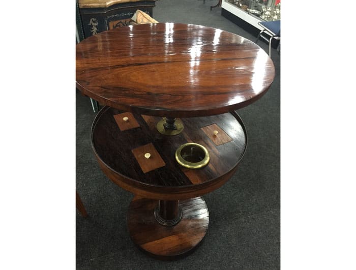 Also from Antiques of River Oaks, a stunning hideaway tobacco table, which shuts and locks.