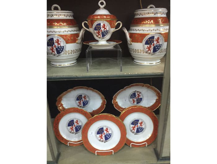 Stunning armorial china at David Lackey Antiques booth (Houston). 