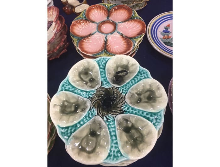 Majolica oyster plates at  Monique's Antiques (Dunkirk, MD).