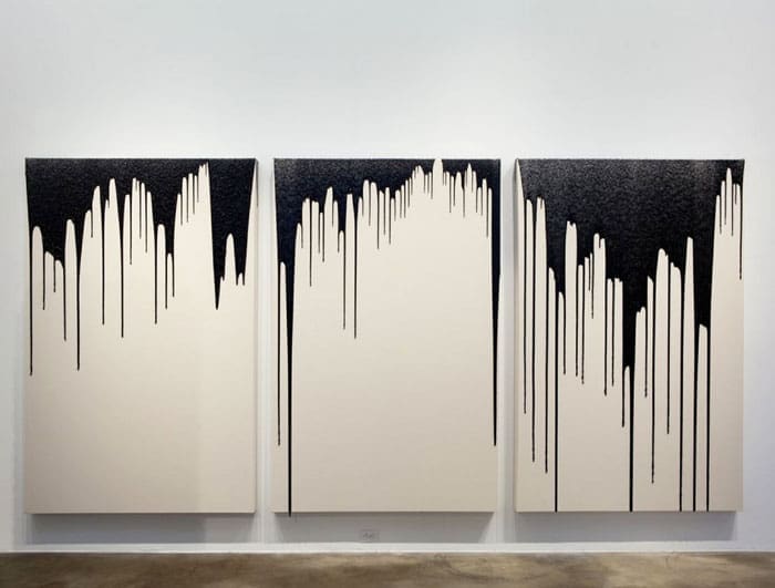 Chivas Clem's recent glitter-and-resin encrusted triptych: "A Swill Pail Brimming with Abominations I, II and III." 