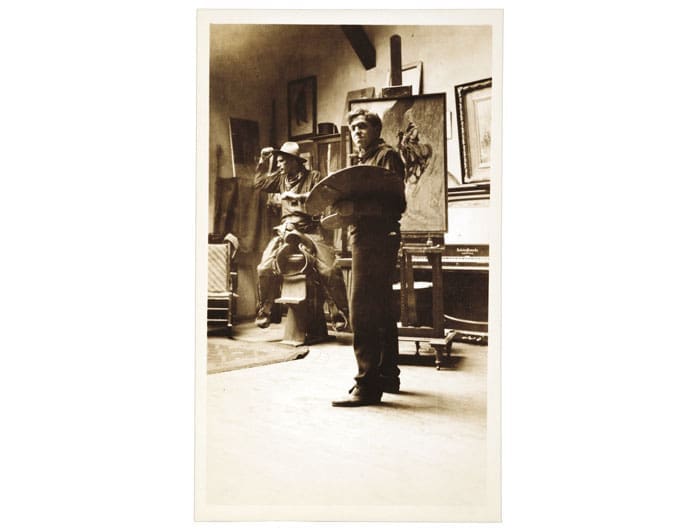American illustrator/father of Andrew Wyeth, N. C. Wyeth in his Delaware studio with Allen Tupper True modeling as a cowboy, circa 1905. Allen Tupper True and True Family papers.