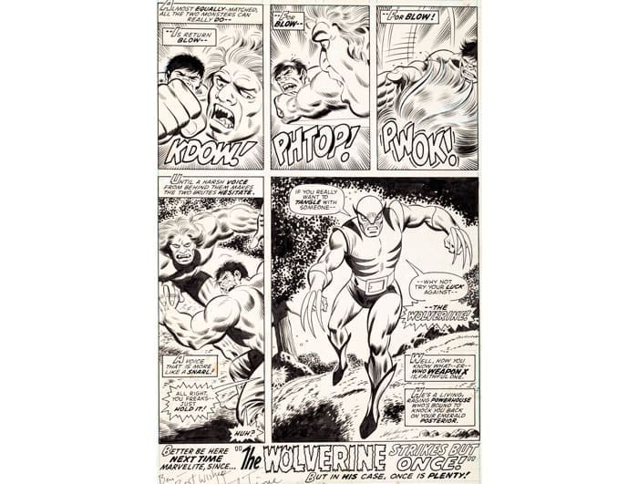 The first-ever appearance of Wolverine yielded an incredible price and new world record — $657,250 — for original art from the final page of Marvel's 1974 "The Incredible Hulk #180." The comic drawn by Herb Trimpe went down May 16, 2014, in Dallas. Even better: The consignor donated most of the proceeds to the nonprofit Hero Initiative to assist comic-book creatives in need. 
