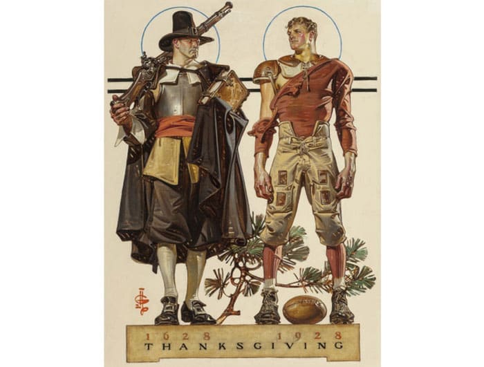 J. C. Leyendecker's clever take on Turkey Day traditions, "Thanksgiving, 1628-1928: 300 Years (Pilgrim and Football Player)," was original art for The Saturday Evening Post's November 24, 1928, cover. It realized a whopping $365,000 May 2, 2015, in Heritage's American auction in Dallas.