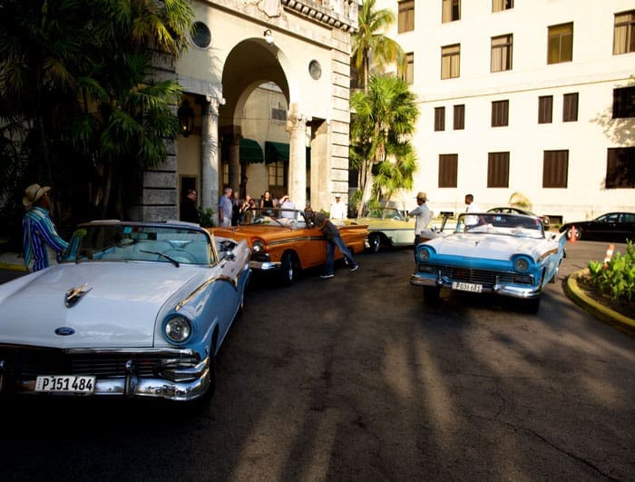 Convertibles outside the hotel