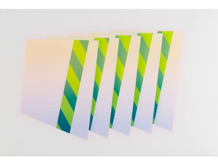 At Art Palace, Jeffrey Dell's print-making prowess is very much in evidence (through July 4). The Texas artist, based in San Marcos and head of the printmaking department at Texas State University, is one of the country's most inventive in the print medium. Shown: Dell's screenprint "Green Stripe Array," 2015. 
