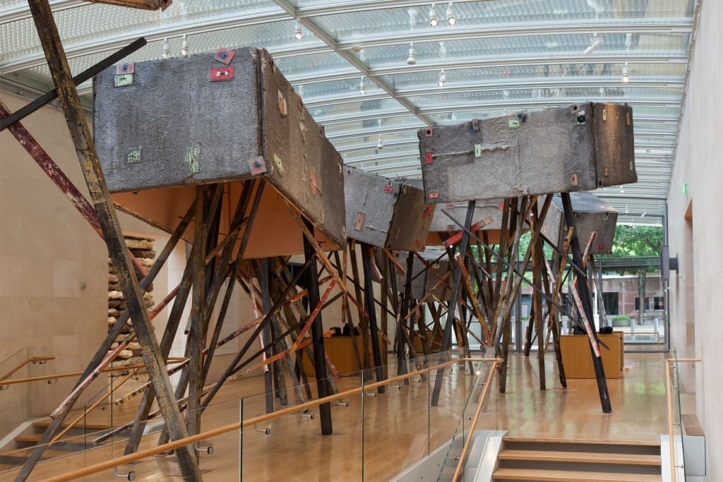 The artist's "Untitled:stiltedcrates2015", 2015, commands attenion at the museum entrance.