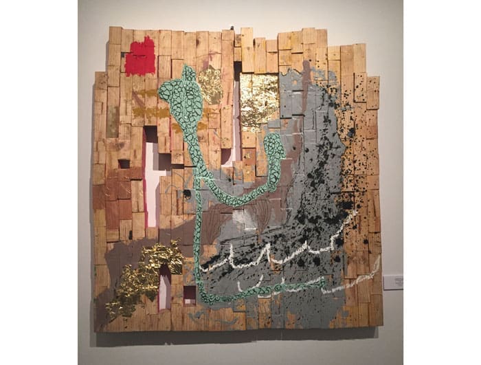 Collective member Jonathan Paul Jackson has worked as a studio assistant to Angelbert Metoyer & Robert Hodge. 
The artist's "Gold, Green and Wood," 2015, reminded me of L.A. painter Mark Bradford's way with abstraction. 