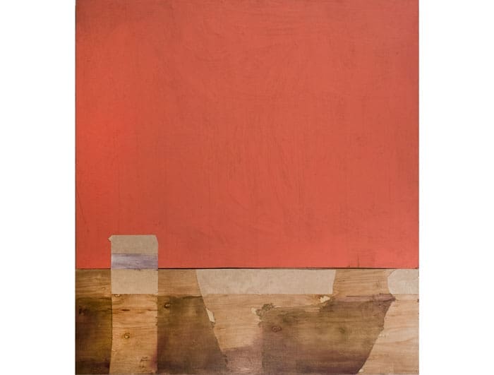 Another more abstract, quieter direction in Darwin Arevalo's painting, "Pink Landscape Study," 2015, incorporates elements from a deconstructed Catastrophic Theatre stage set. 
