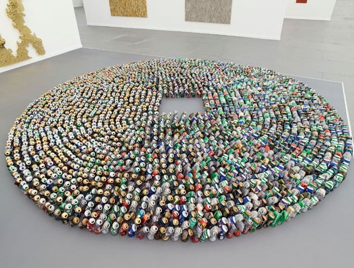 Kader Attia’s “Halam Tawaaf,” 2008, at Lehmann Maupin, Frieze New York, featured 2,978 beer cans aligned in a prayer formation. Photo Elisabeth Bernstein.