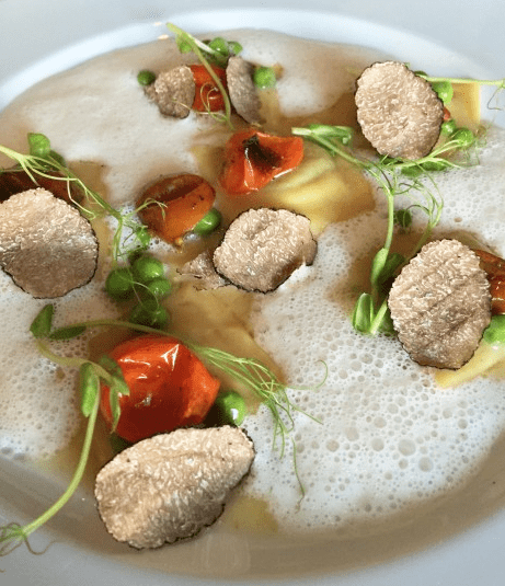 What We’re Eating Now:* Green Pea Ravioli and Shaved Truffle