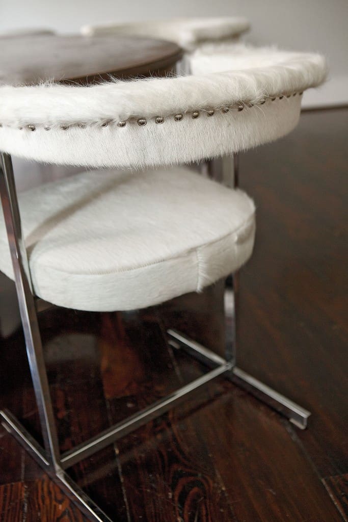 Mod 1960s chrome chairs upholstered in cowhide,
from Houston’s Fabulous Flea