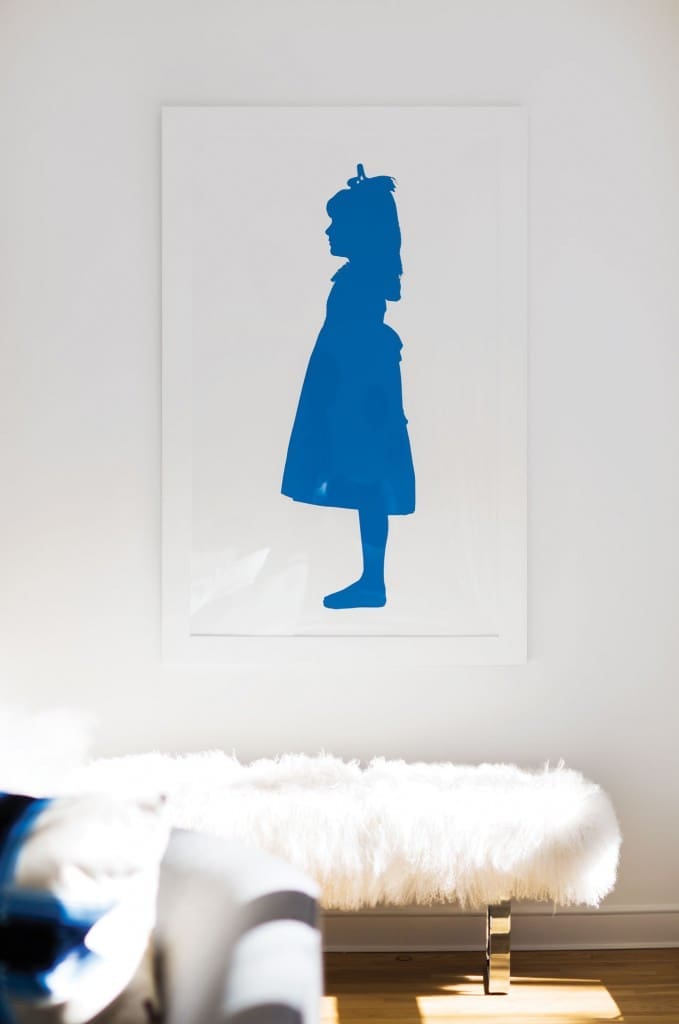 Edwardian-style silhouette rendered in cobalt by photographer Fredrik Broden. Mongolian fur and chrome bench from Nest.
