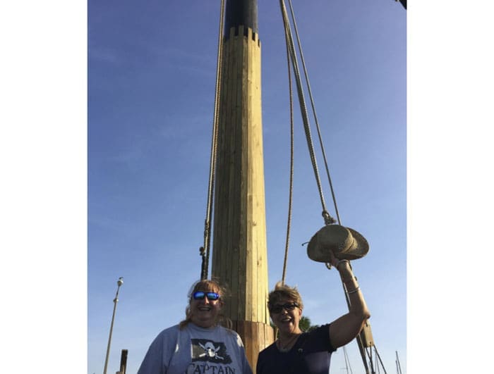 Our field trip included boarding La Niña, a to-scale seaworthy replica of one of Christopher Columbus' vessels, which serves as inspiration for a Corpus Christi sailing club. Above, club president Kim Mrazek and Houston artist (and avid sailor) Loli Fernández-Andrade Kolber stand beneath the ship's mast.