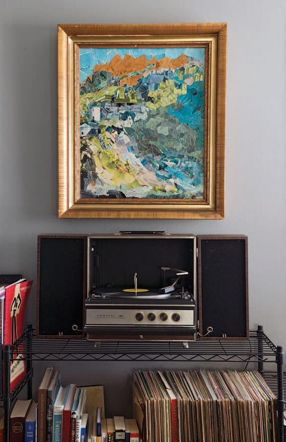 Scott’s vintage Admiral Record Player and vinyl collection. Impressionistic paper
collage, 1963.