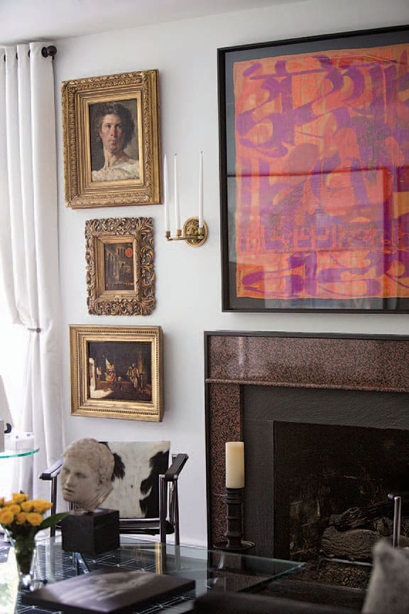 Eighteenth-century oil paintings ranging from portraiture to Orientalist paintings and interiorscapes. Painting above the fireplace is by Houston artist Michael Tracy.