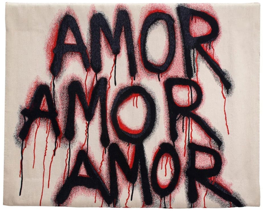 Eduardo Sarabia's Narcomanta 6 (Amor, Amor, Amor)," at Other Criteria, co-founded by Damien Hirst. 
The gallery is known for its fairly affordable multiples and home decor works like this hand-woven wool tapestry. 