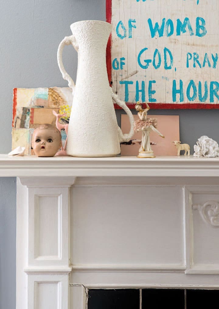 “Haunted” doll head and vintage vase from Texas Art Asylum. Collage on left by Josh Pazda.