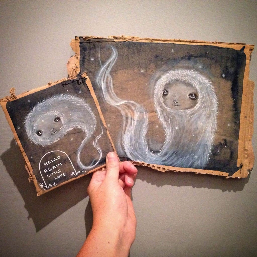 Midge (@thisismidge), an artist from the UK, exhibits her work internationally; through her ghostly, mythical creatures, she evokes an expression of longing for the viewer. She hid these paintings in Cork, Ireland, for #FreeArtFridayIreland.