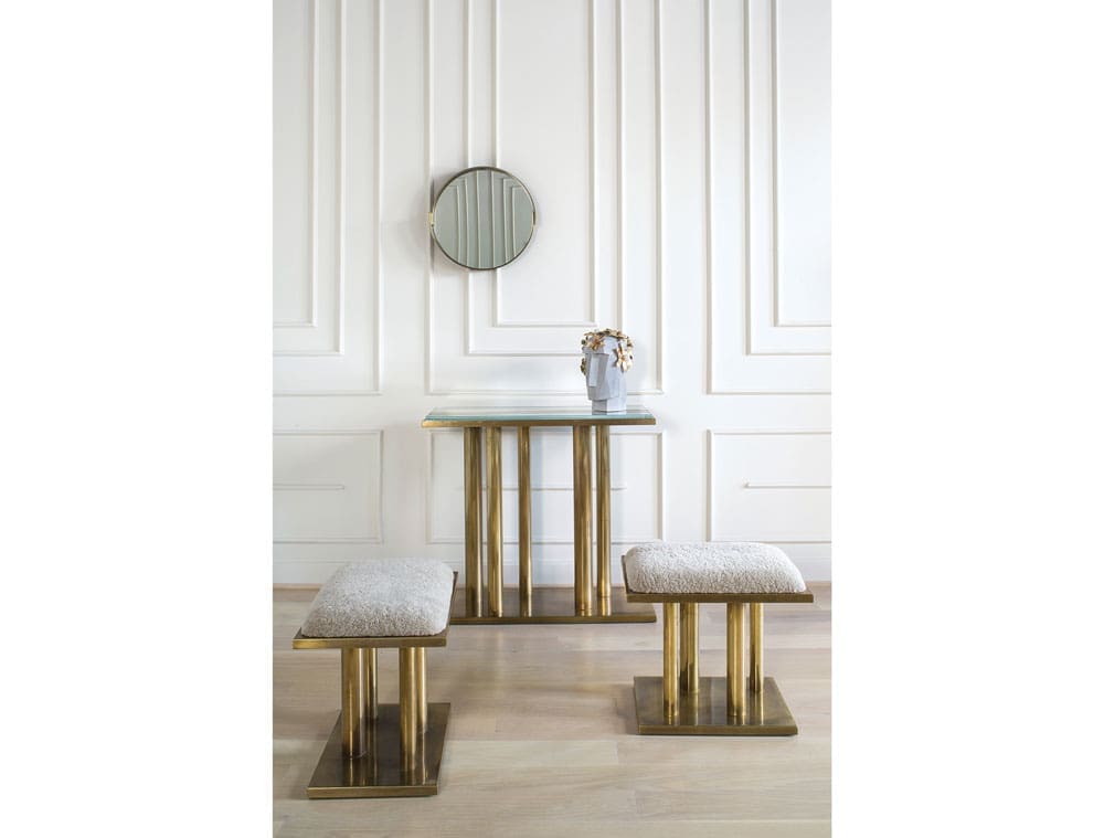 Holmby console in burnished bronze and glass; upholstered Holmby stools in burnished bronze
