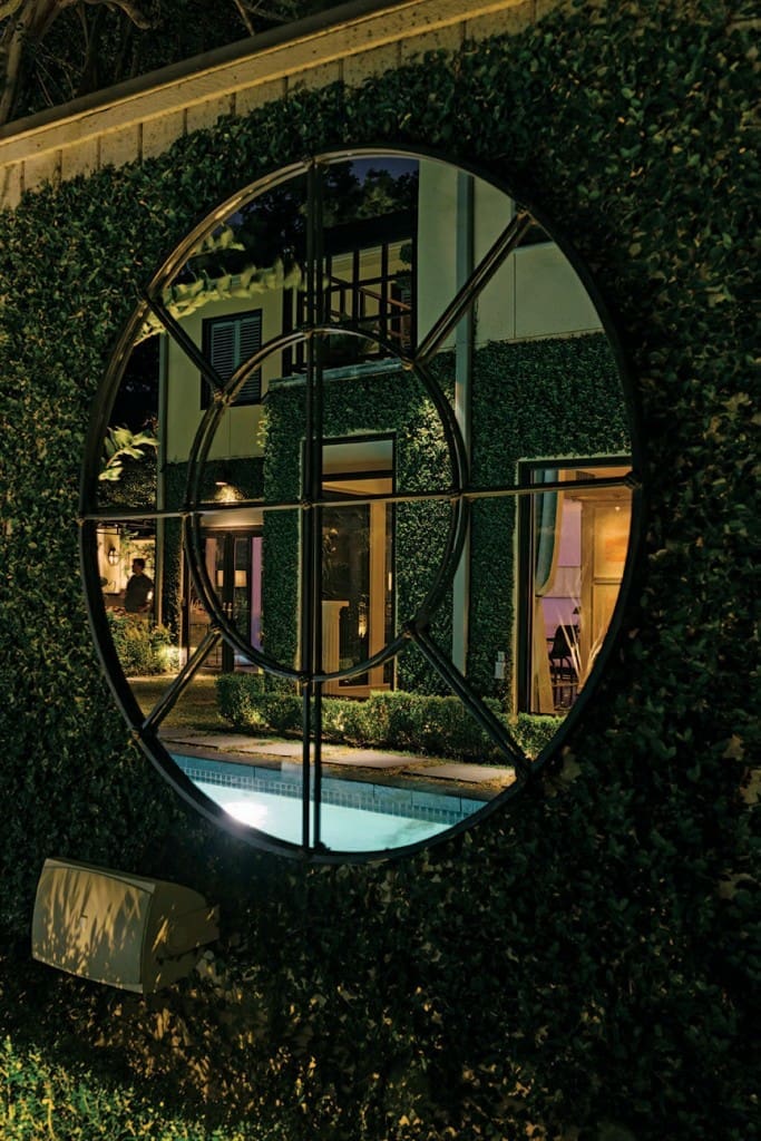 One of multiple outdoor mirrors that create a trompe l’oeil effect.