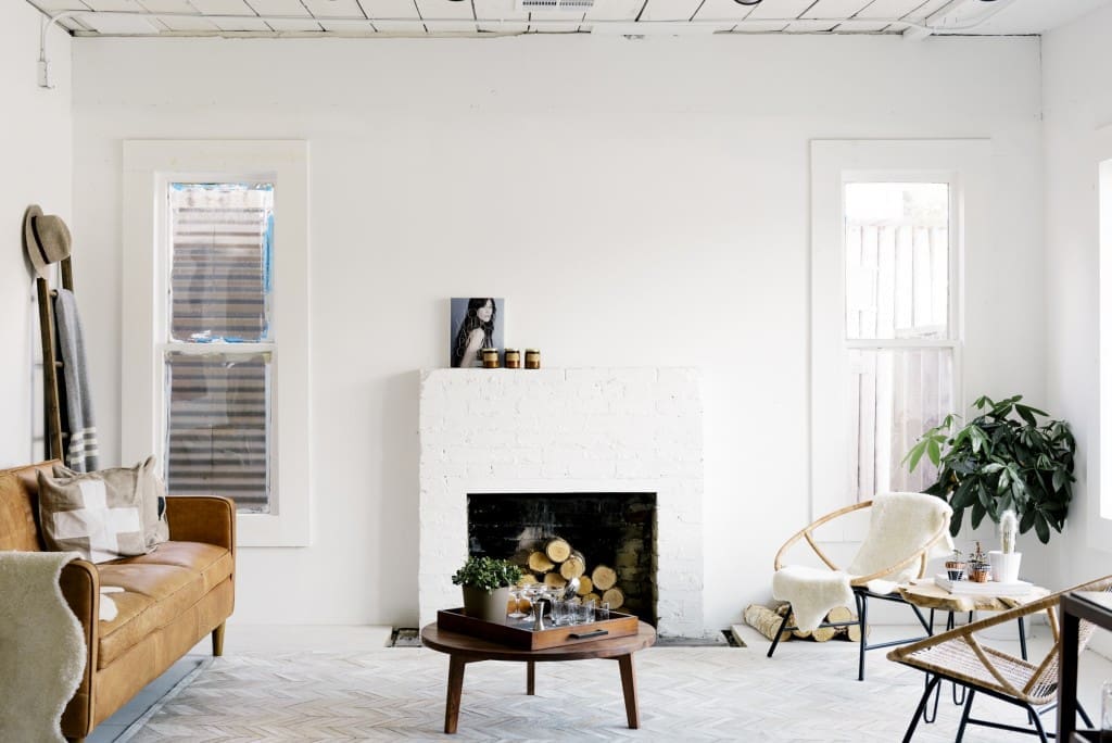 A fireplace is the center of the store's homey environment. 
