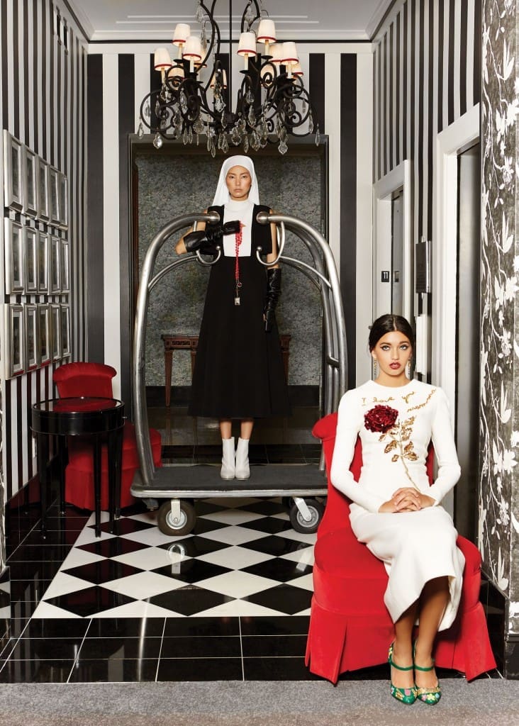 Mrs. Brandolini was not effusive in her confession to Sister Bruna Pellessi — her constant travel companion — of having transported far too much luggage. Sixteen cases and a yellow canary in its cage were delivered upstairs immediately upon her arrival. On the confessor: Dolce & Gabbana wool dress with sequined rose $6,995, brocade platform heel $1,395. On the confessee: Valentino wool mini cape dress $4,490. Maison Margiela gloves $435. Akris ankle boot, price upon request.