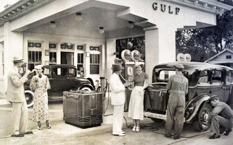 Gulf history: This photograph of the gas station was taken around 1930. It was taken to promote the Kelvinator icebox, which allowed people to enjoy cold drinks outdoors. (Photo courtesy of Retrospect Coffee Bar's Facebook page)
