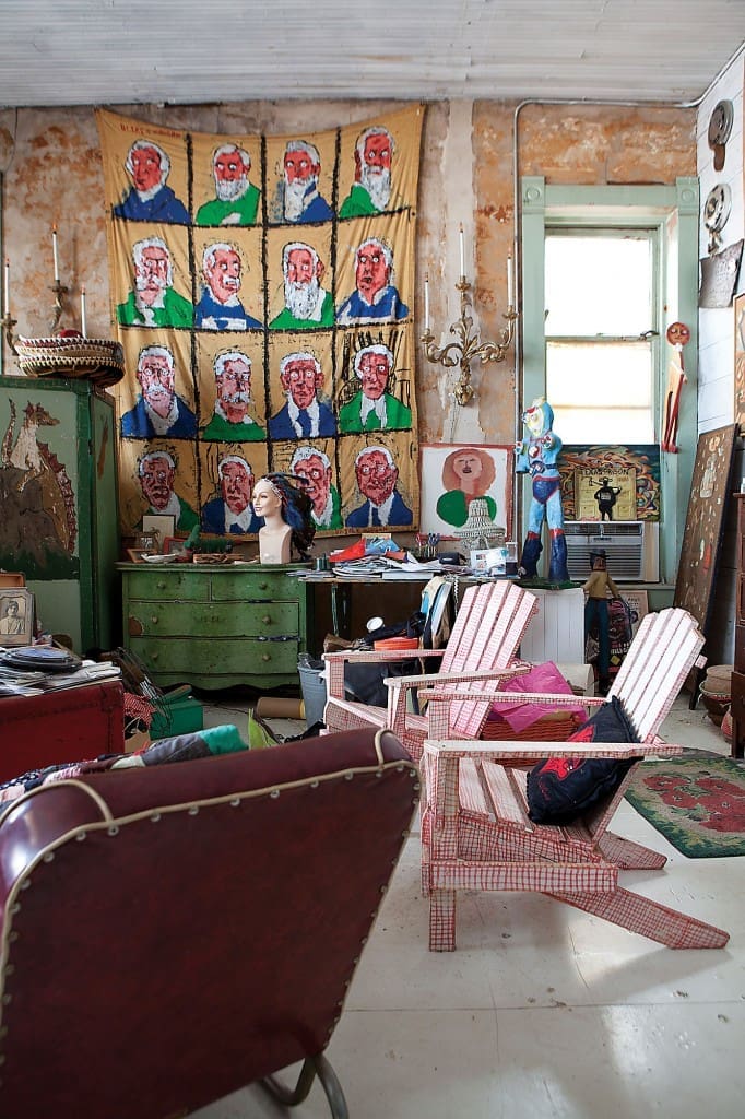 On the wall of the bedroom, a presidential
banner by Texas’ famed outsider Ike Morgan has pride of place. Webb Gallery represents the internationally exhibited
Morgan’s work.
