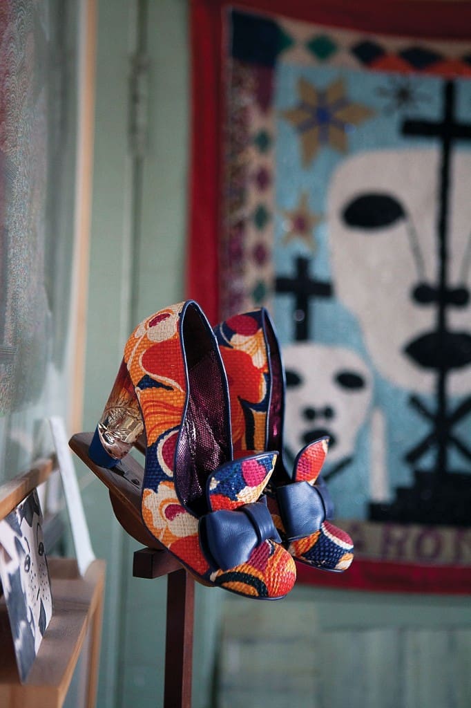 A pair of Julie’s entrance-making favorite shoes by Irregular Choice displayed as sculpture.