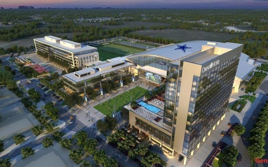 The Omni Frisco's rooftop pool has views of the Dallas Cowboys headquarters.