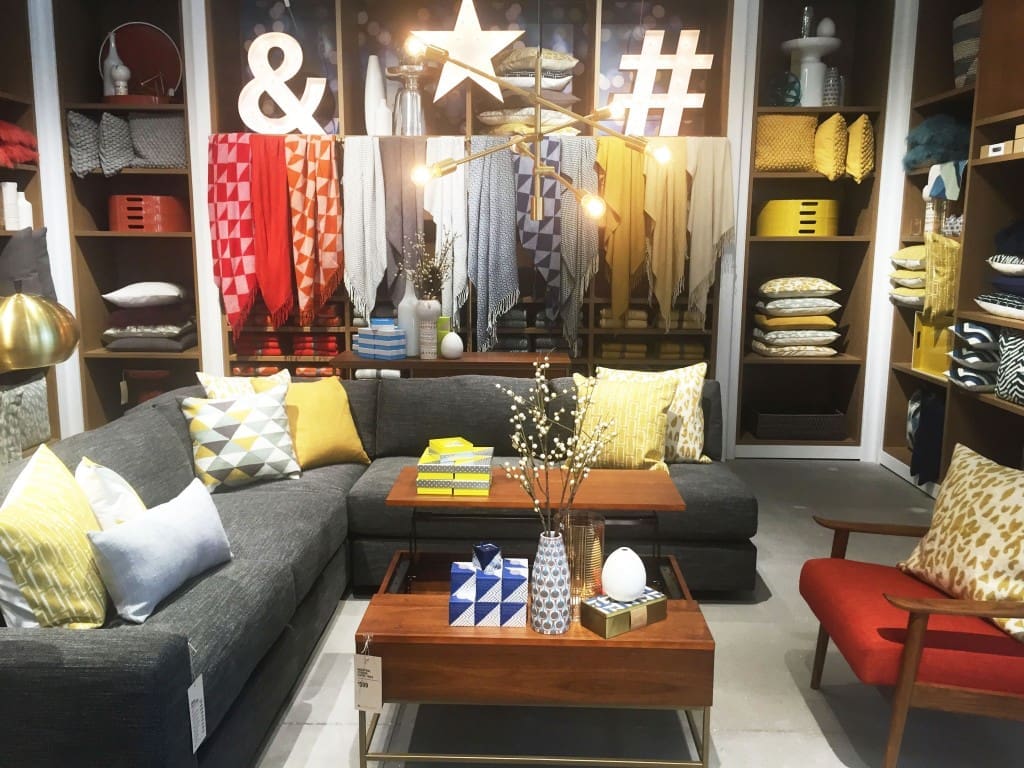 Geometric patterns line the walls at West Elm CityCentre. 