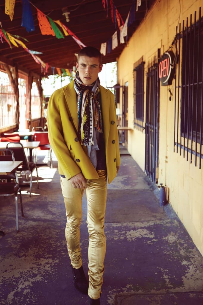 Canali mustard-yellow double-breasted coat $2,100, at the Canali boutique, Saks Fifth Avenue. Ann Demeulemeester pant $535, at farfetch.com. Etro paisley turtleneck $475, and scarf $305, at the Etro boutique, Neiman Marcus, Saks Fifth Avenue. Trask shoe $495, at Kuhl-Linscomb.