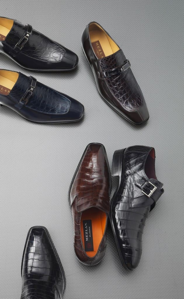 Giorgino (top, calf and crocodile), $495; Peruzzi (middle, brown alligator), $1,295; Mauricio (far right, black alligator), $1,295