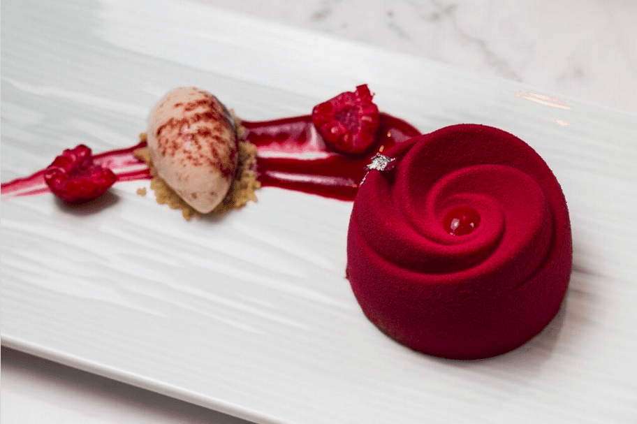 Yauatcha is more than just dim sum. The restaurant also offers an in-house patisserie, which serves up French desserts like this raspberry delice. 