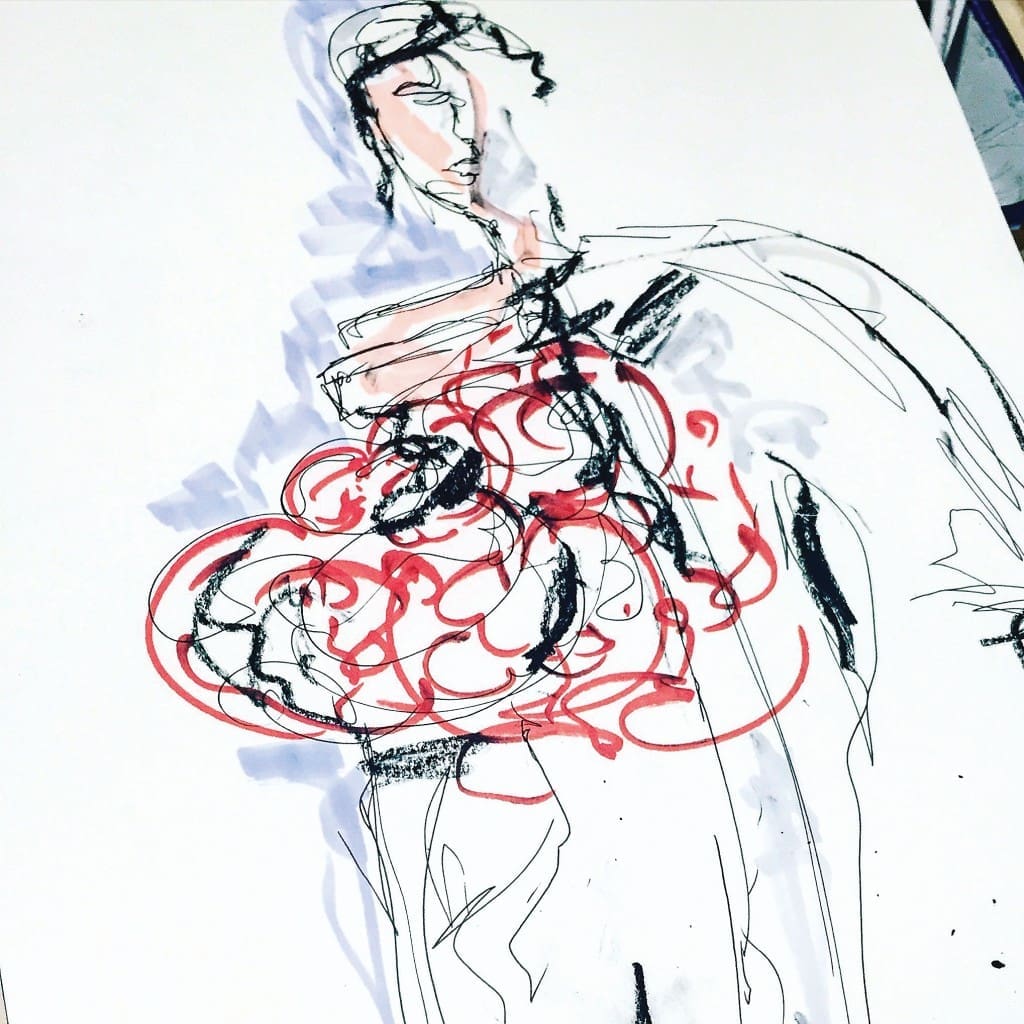 Contour sketch of reworked button-down — a class project