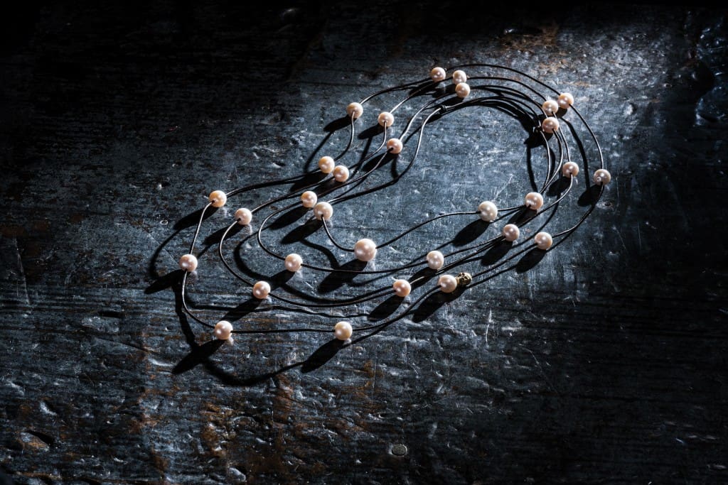 South Sea pearl, leather and gold-plate necklace, available at Elements