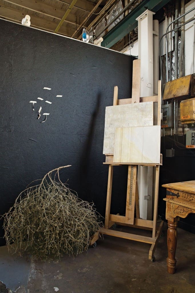 In Sara Eliason’s studio, a tumbleweed found during a treasure hunting session in West Texas. Encaustic artwork in progress by Eliason.