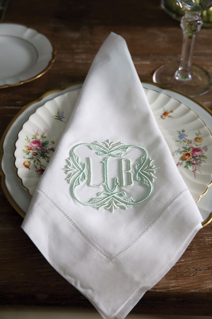 Looke made grandmother’s china her own by pairing it with monogrammed dinner napkins by Madison, a gift from her brother-in-law’s fiancée.