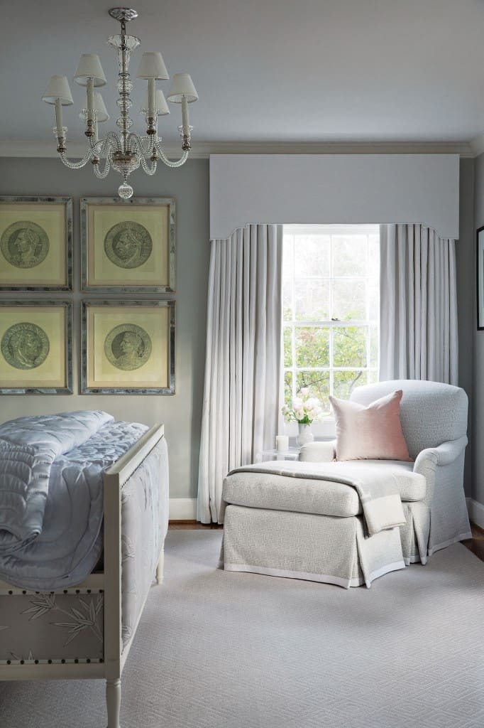 The master bedroom was the final room to get a design overhaul. After Looke fell hard for Miles Redd’s recently released chinoiserie fabric for Schumacher, she had a bed custom-made and swathed in it. A set of six prints of antique Goltzius coins has as much impact as one large piece of art. Satin quilt by Leontine Linens.
