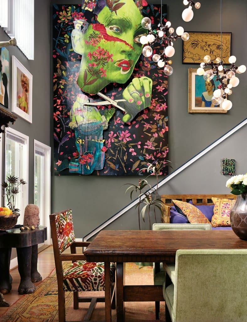 In the entry, large-scale work by NY artist
Judith Supine from New Image Art, West Hollywood. Michael Tracy mesquite
daybed. Seventeenth-century Italian refractory table.