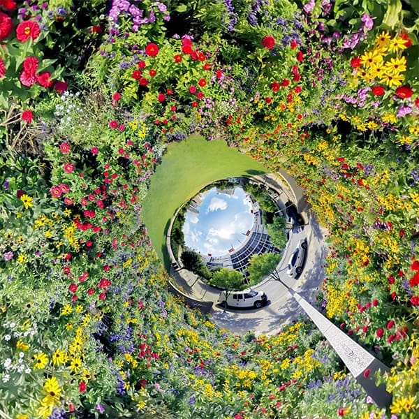 “George’s Bouquet,” 2015, features flora sampled from a Moen photograph, which will appear on the artist’s of coming silk scarves. This image has also been inverted from an original planet form to the tunnel form.