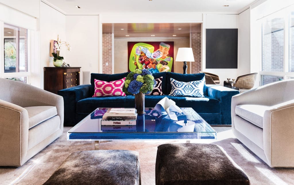 This is the home Chris Bryne shows young clients. In the living room, an Yves Klein table, sofa from Holly Hunt and pair of vintage Warren Platner chairs. Pillows from Forty Five Ten. At back, Peter Saul’s "Deadly Diet," 2011. At right, Marcia Hafif’s Black Painting: "Wabi Group Ultramarine Blue, Burnt Umber," 1979