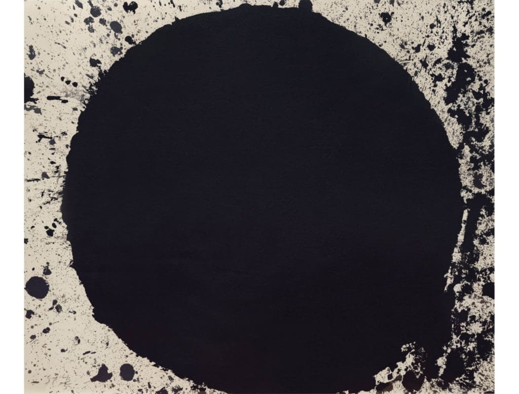 Richard Serra’s etching “Coltrane,” 1999, recalls a pock-marked planet, at Hiram Butler Gallery.