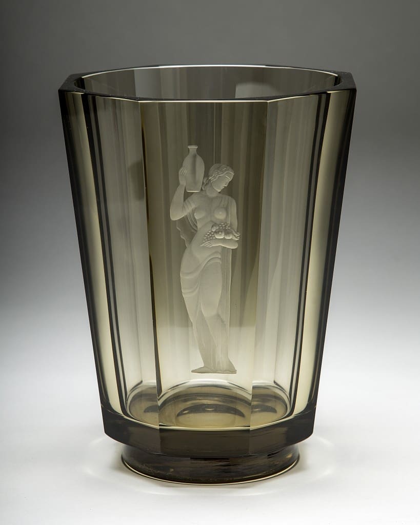 Orrefors vase engraved by Lindstrand at Antiques of River Oaks 
