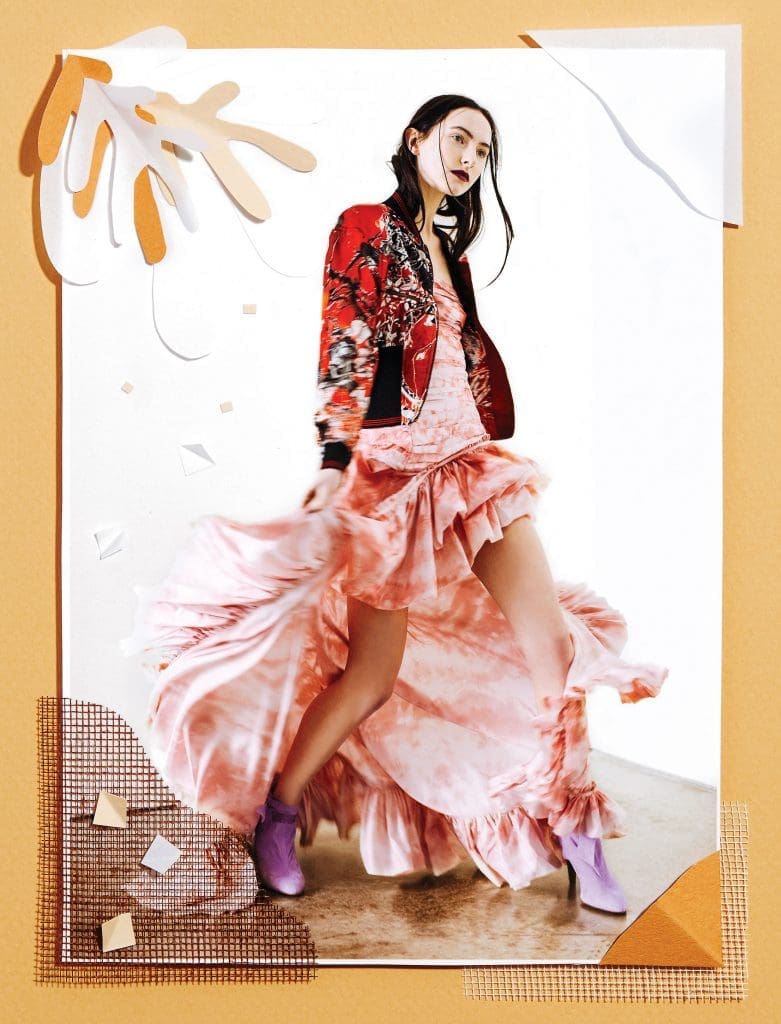 Roberto Cavalli silk bomber $1,990, silk taffeta dress $5,500, and suede bootie $950, all at the Roberto Cavalli boutique, Neiman Marcus, Saks Fifth Avenue.