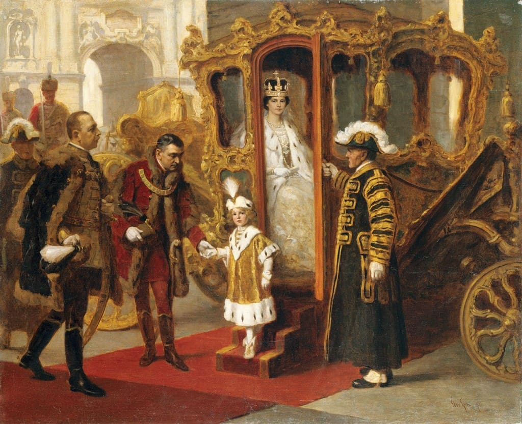 Gyula Éder’s Empress/Queen Zita and Crown Prince Otto Descending from the Imperial Carriage before the Coronation in Budapest on December 30, 1916, 1929. (Collection Imperial Carriage Museum, Vienna)
