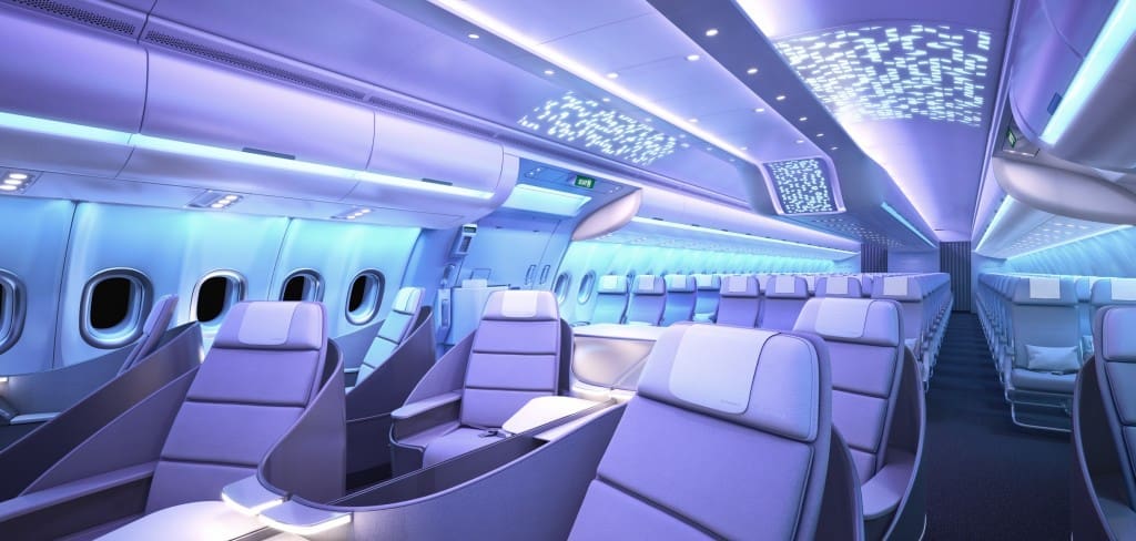 Airspace's overhead bins will fit five suitcases.